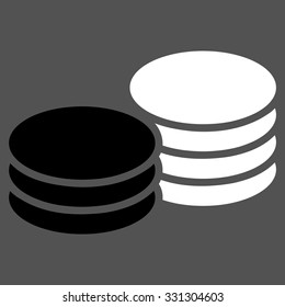 Coins vector icon. Style is flat bicolor black and white symbol, rounded angles, gray background.