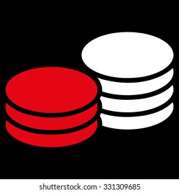 Coins vector icon. Style is flat bicolor red and white symbol, rounded angles, black background.