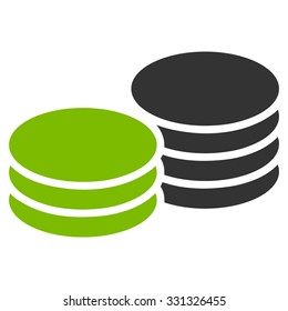 Coins vector icon. Style is flat bicolor eco green and gray symbol, rounded angles, white background.
