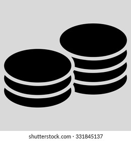 Coins vector icon. Style is flat black symbol, rounded angles, light gray background.