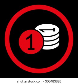 Coins vector icon. This flat rounded symbol uses red and white colors and isolated on a black background.