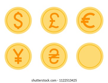 Coins Vector Icons Set. Flat Vector Illustration - Dollar, Euro, Pound, Yen, Hryvna