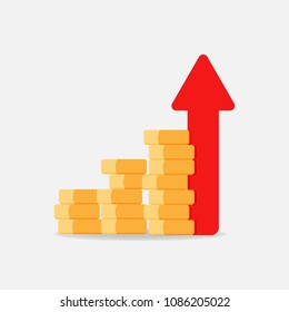 Coins - vector illustration. Arrow pointing upwards is a symbol of money, savings, investments.
