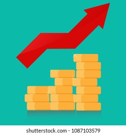 Coins - vector illustration. Arrow pointing upwards is a symbol of money, savings, investments.