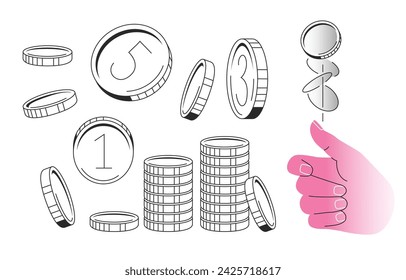 Coins vector illustrations set. Coin stack, different angles, and hand flipping coin isolated on white background. Falling coins linear graphic. Editable stroke.