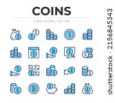 Coins vector line icons set. Thin line design. Outline graphic elements, simple stroke symbols. Coins icons