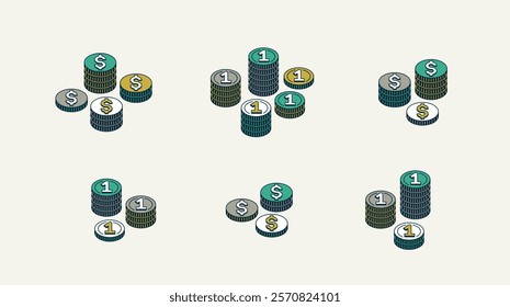 Coins vector set, cash stack icons or illustrations 3d isometric style, success or casino game theme, treasures.