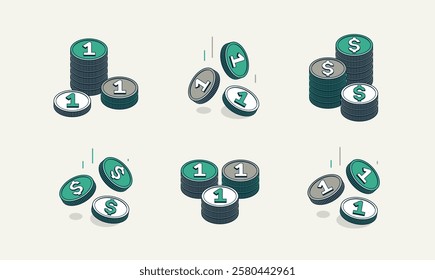 Coins vector set, cash stack icons or illustrations 3d isometric style, success or casino game theme, treasures.