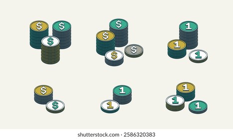 Coins vector set, cash stack icons or illustrations 3d isometric style, success or casino game theme, treasures.