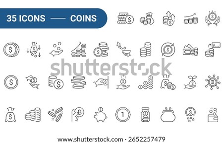 Coins Web Icons Set in Line or outline Style related to Coins. Icons for web and mobile app. Linear icons collection. Editable strokes. Vector illustration.