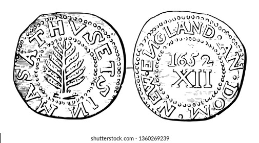 Coins were issued in denominations of 3 and 6 pence and 1 shilling. Middle part of the coin showing a Pine Tree, vintage line drawing or engraving illustration.