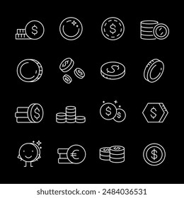 Coins, white line icons. Collections of coins dollar and euro. Ideal for finance and currency themes. Symbols on black background. Editable stroke.