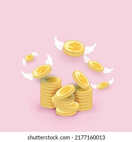 Coins with wings. The concept for businesses, websites, online shops, finance, banks. Lost money, money-saving concept. 3d render illustration