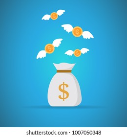 Coins with wings flying over money sack. Vector illustration