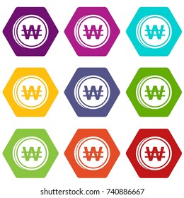 Coins won icon set many color hexahedron isolated on white vector illustration
