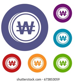 Coins won icons set in flat circle reb, blue and green color for web