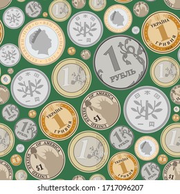 Coins of the world's countries. Dollar,Euro,ruble,pound sterling,yen,the local currency. Seamless pattern.