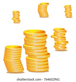 The coins are of yellow color with a dollar sign. Falling shadow at the bottom of the coins.