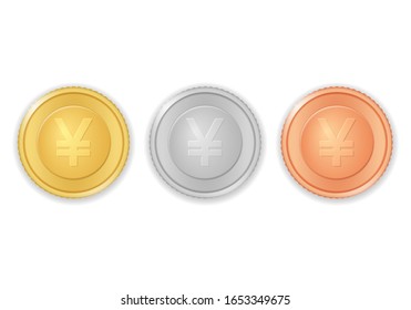 Coins with yen symbol on a white background.