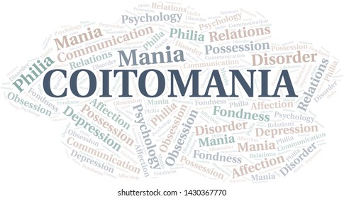 Coitomania word cloud. Type of mania, made with text only.