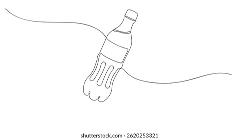 Coke bottle in water. Continuous line style postal and ecology concept. Vector illustration.