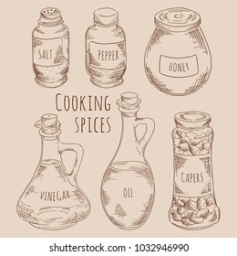 Coking spices set with jars and vessels vintage sketch stylized in vector EPS8 for cookbook, recipe or menu design