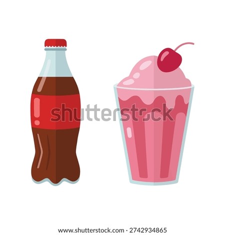 Cola bottle and cherry milkshake illustration, diner theme party poster, retro food festival branding, summer refreshment session vector graphic