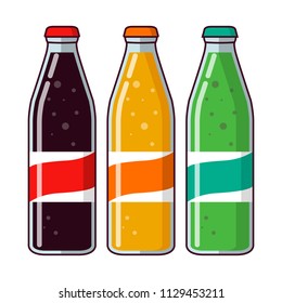 Cola bottle glass.Lemonade plastic bottles.Orange soda.Cold drinks.Flat vector cartoon.Soft drinks.Carbonated sweet water.Isolated on a white background.