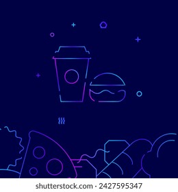 Cola, burger gradient line vector icon, simple illustration on a dark blue background, fast food related bottom border.