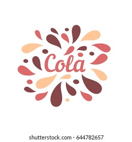 Cola color splash juice beverage logo, label, badge for groceries, fruit drink stores, packaging and advertising. Splash with drops Logotype design. Vector illustration
