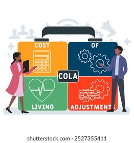 COLA - Cost of Living Ajuments acrônimo. plano de fundo do conceito de negócios. conceito de ilustração vetorial com palavras-chave e ícones. ilustração de letras com ícones para banner da Web, folheto, página inicial