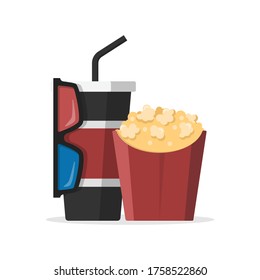 Cola cup with popcorn and 3D glasses flat style isolated on white. Movie industrial object concept vector for your design work, presentation, website or others.