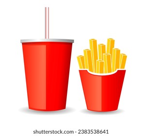 Cola drink and french fries, fast food vector icon isolated on white background, flat design illustration of tasty meal