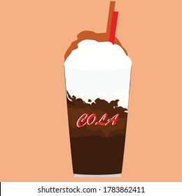 Cola drink in a glass cup with cream with straw sticks Vector Illustration