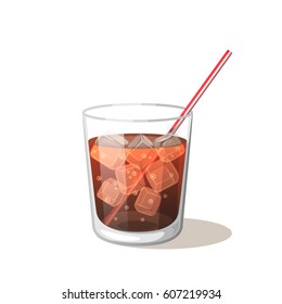 Cola drink in a glass cup with ice with sticks Vector Illustration on a white background. Aerated drink sweet symbol icon Glass for your projects.