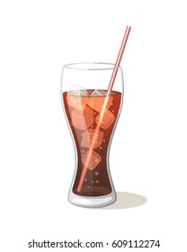 Cola drink in a glass cup with ice with sticks Vector Illustration on a white background. Aerated drink sweet symbol icon Glass for your projects.