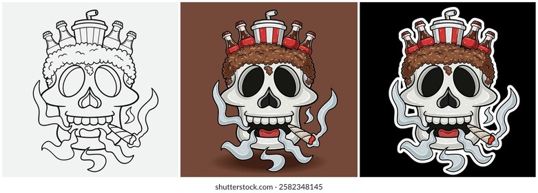 Cola Drink Inside Skull Head With Smoking Character Cartoon. Black White, Colorful and Sticker Style. For T shirt print, Brand Logo, Label and Mascot product. Vectors Illustrations