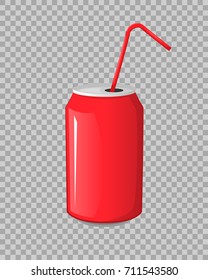 Cola drink in a red metal bank bottle cup with sticks isolated Vector Illustration on a transparent background. Aerated drink in package sweet symbol for your projects.
