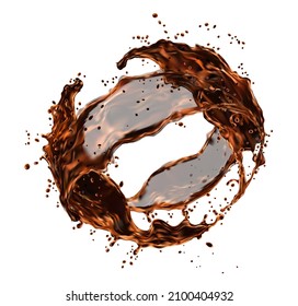 Cola drink wave splash, soda beverage swirl with drops. Vector brown liquid whirl of whiskey, coffee, black tea drink. Realistic 3d cognac or soda splashing motion. Isolated abstract aqua vortex