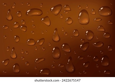 Cola drops abstract background. Brown condensate on glass in close up. Cold beverage texture concept of cola soda, tea or whiskey. Stock vector illustration in realistic style.