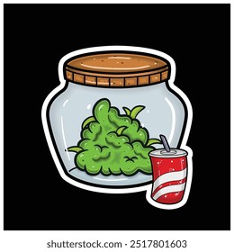 Cola Flavor With Cartoon Mascot of Weed Bud On Jar. For Sticker and label. Vector and Illustration.