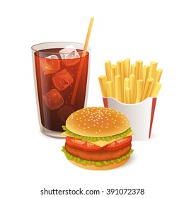 Cola in glass, burger and french fries isolated on white. Photo-realistic vector.