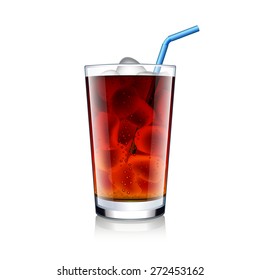 Cola glass with ice cubes isolated on white photo-realistic vector illustration