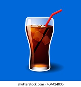 Cola glass with ice cubes isolated on blue photo-realistic vector illustration