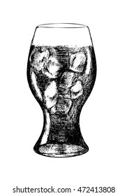 Cola glass with ice cubes on white background. Hand drawn black and white cola glass. Fresh and cool beverage.