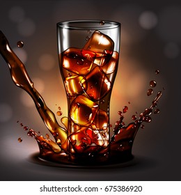 cola in glass with ice in a spray of drink,  high detailed realistic illustration