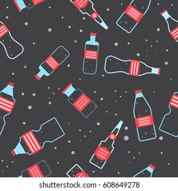 Cola in glass and plastic bottles,Seamless pattern,sparkling water,Beverage with bubbles