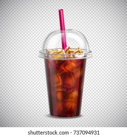 Cola with ice cubes and straw in takeaway cup realistic image on transparent background vector illustration