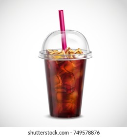 Cola with ice cubes and straw in takeaway clear plastic cup realistic image on white background vector illustration 