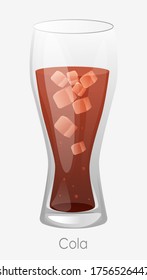 Cola ice glass. Red cola drink high glass highball with ice cubes white bubbles vector soda traditional cold sweet freshness clipart.